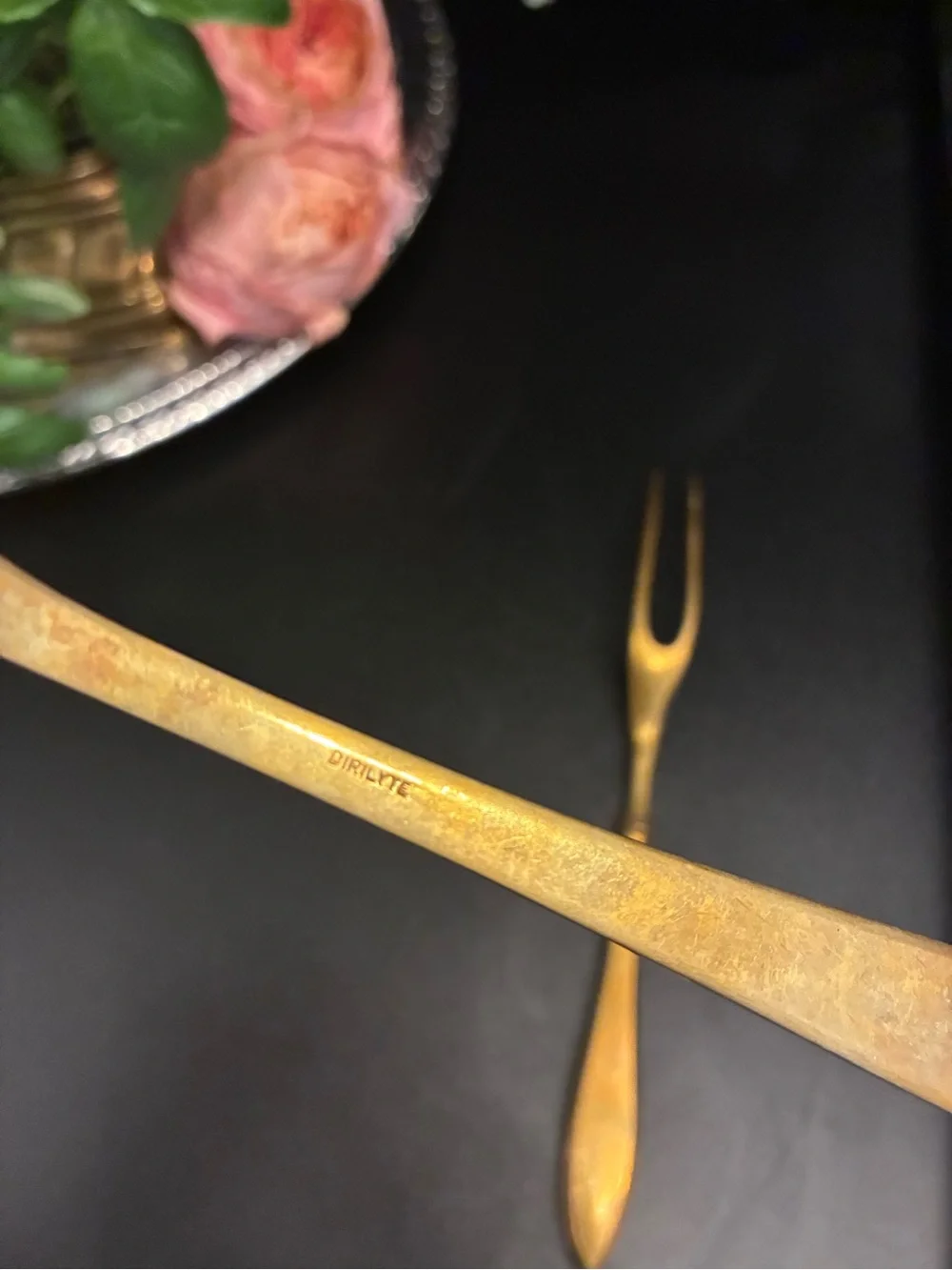 Vintage Dirilyte Gold Serving Set Spoon & Fork MCM Old Money Ralph Lauren Table